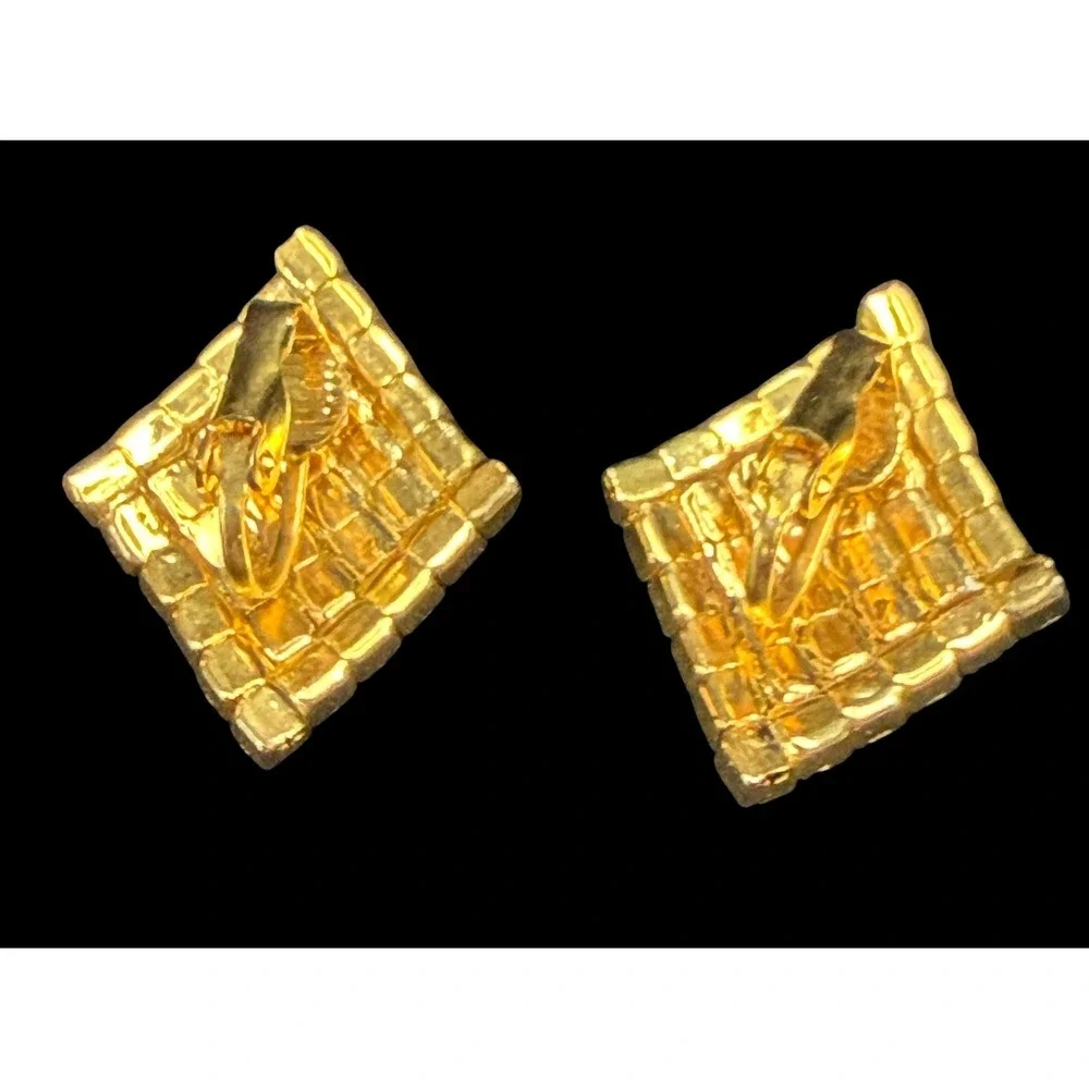 Vintage 1950s Amethyst Clear Rhinestone Geometric Clip On Earrings Gold Tone